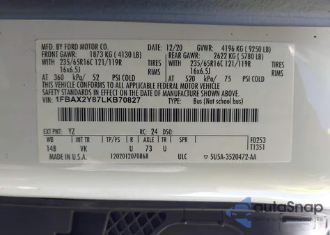 2020 Ford Transit-350 Passenger Van Xl from USA, damaged, VIN 1FBAX2Y87LKB70827